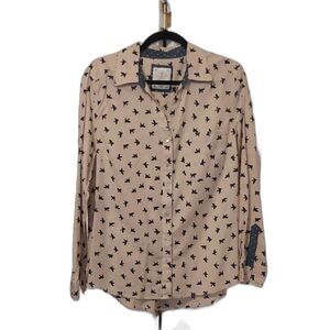 Bird Print Button-Up Shirt Tan And Navy Size L